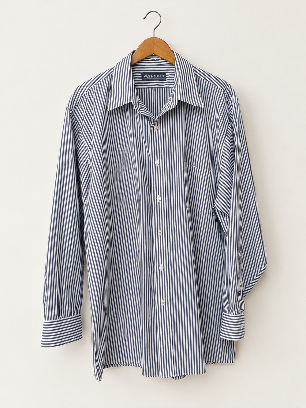 Van Heusen Men’s Navy and White Vertical Stripe Dress Shirt - Size 17 32/33